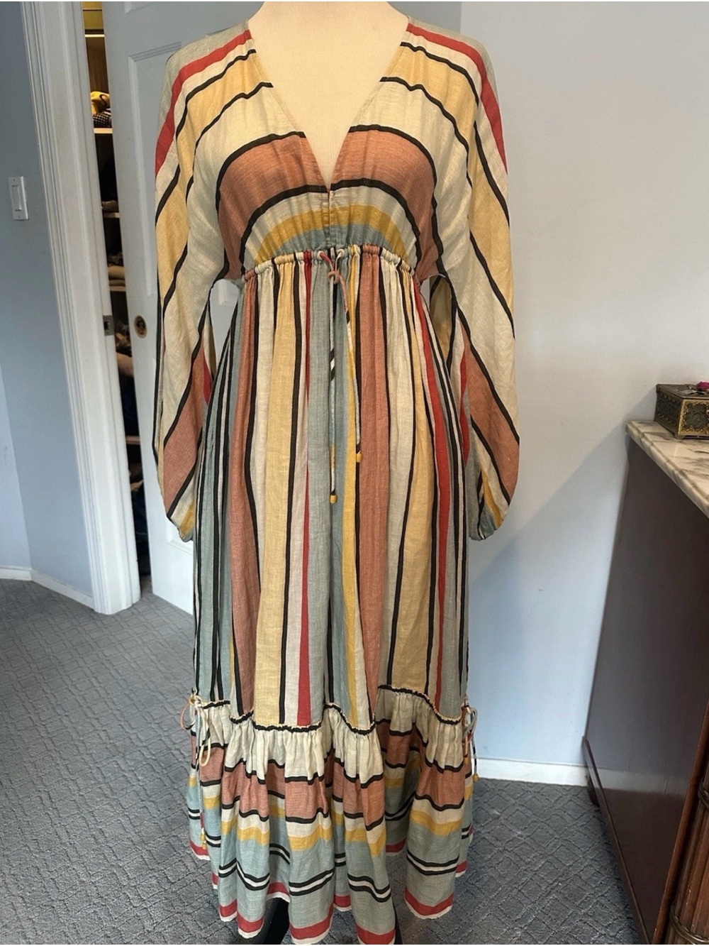Zimmermann Striped V-Neck Midi Dress in Cream, Pink, Blue, Yellow, Red - Picture 4 of 5